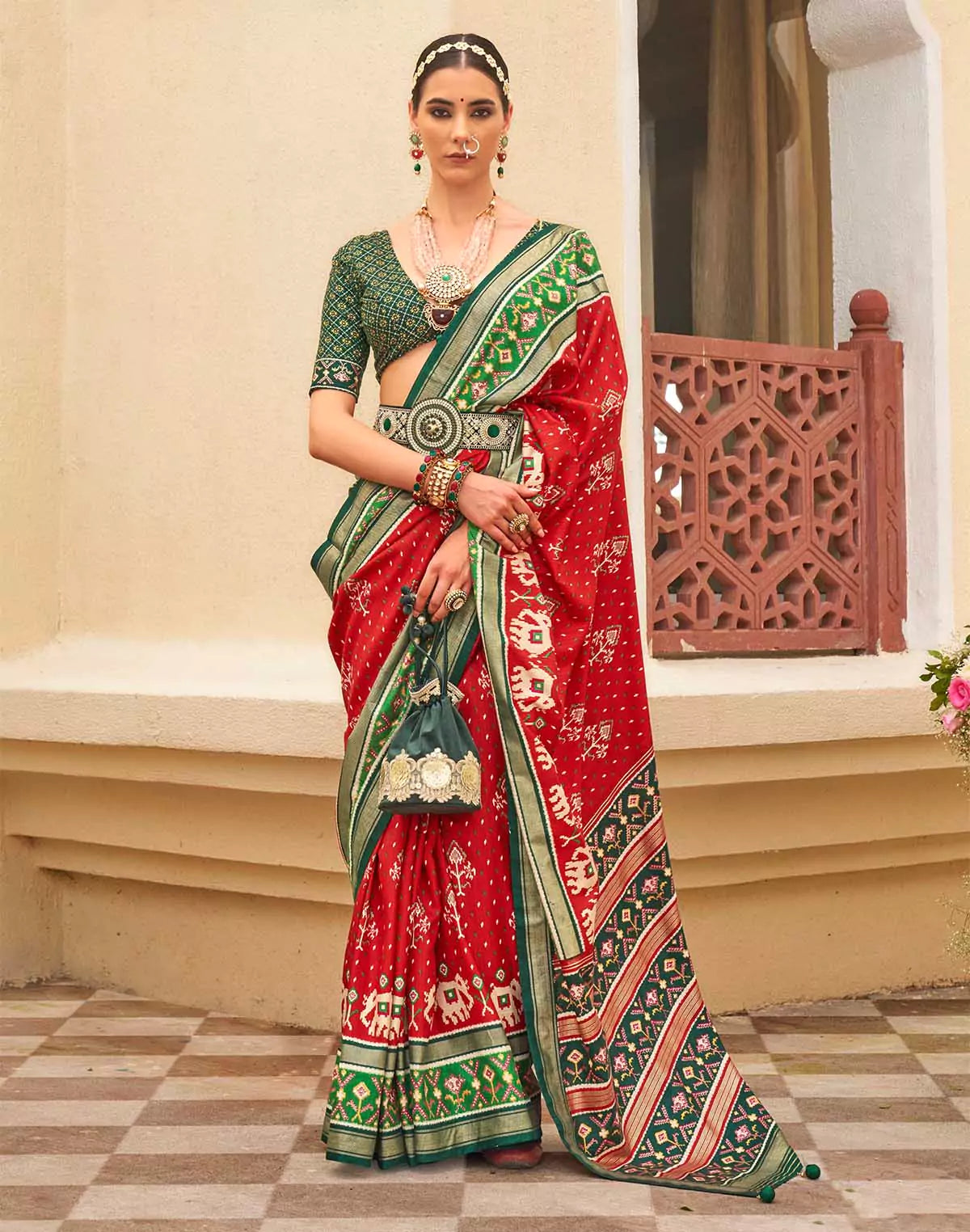 Image of Red and Green Palkhi Patola Saree