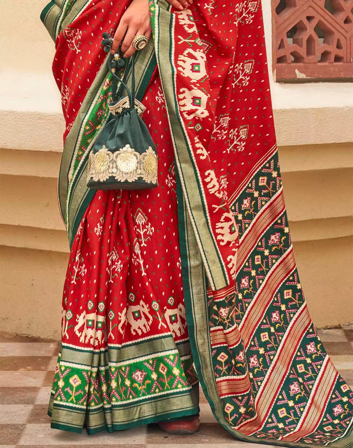 Image of Red and Green Palkhi Patola Saree