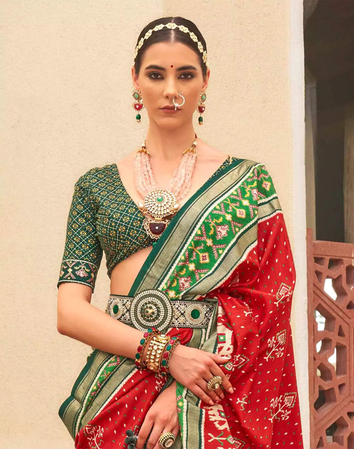 Image of Red and Green Palkhi Patola Saree