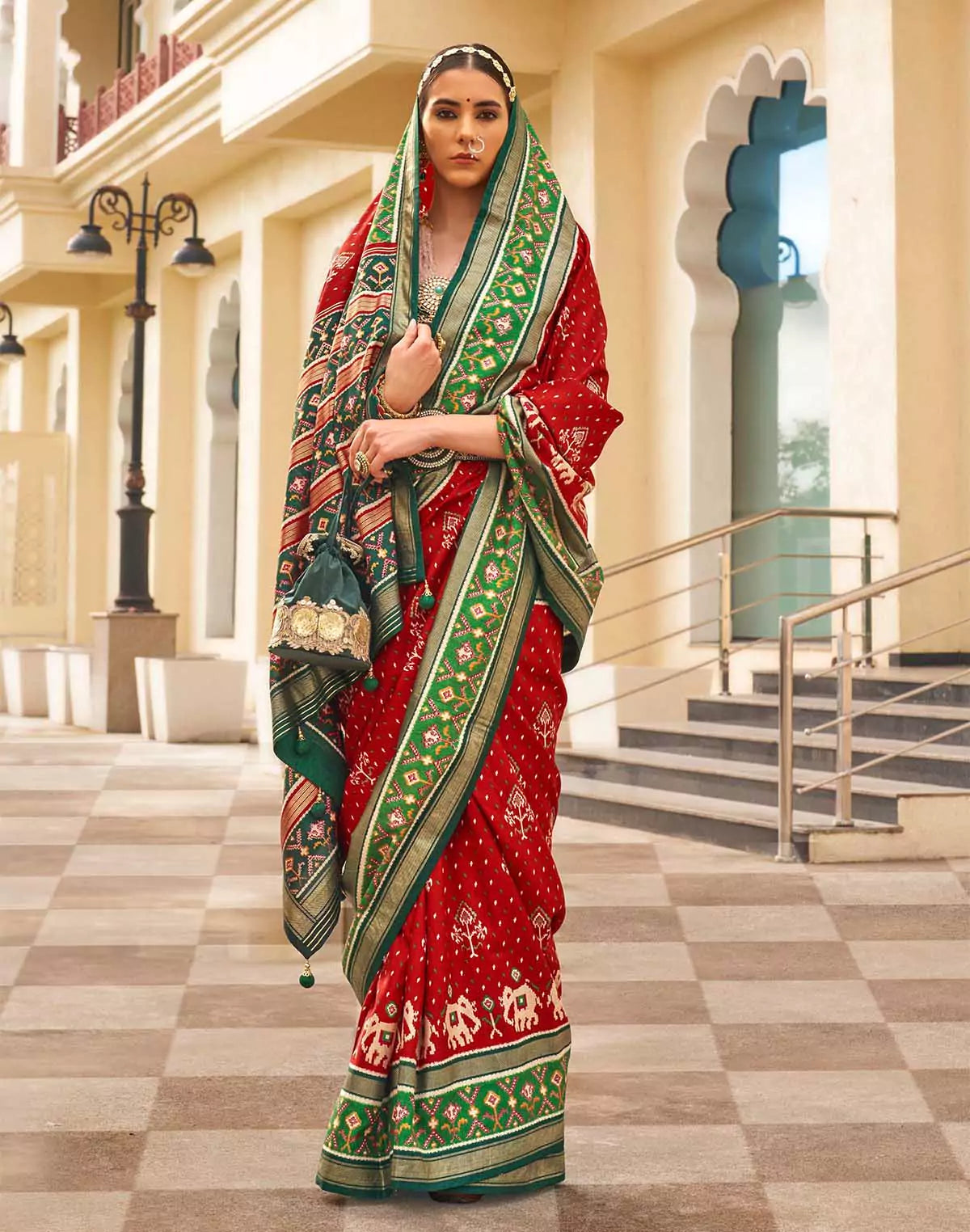 Image of Red and Green Palkhi Patola Saree