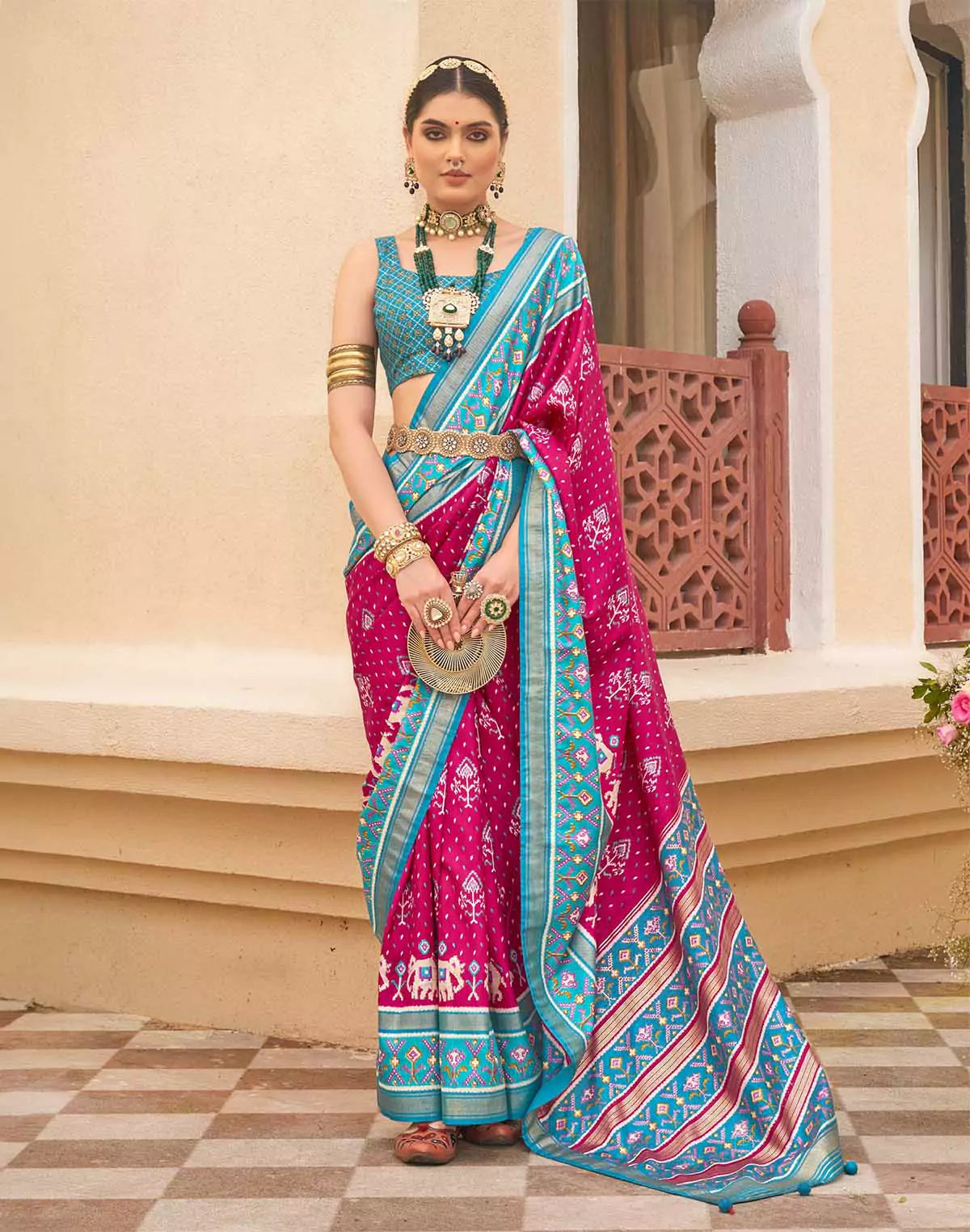 Image of Patola Silk Saree with Contrast Blouse