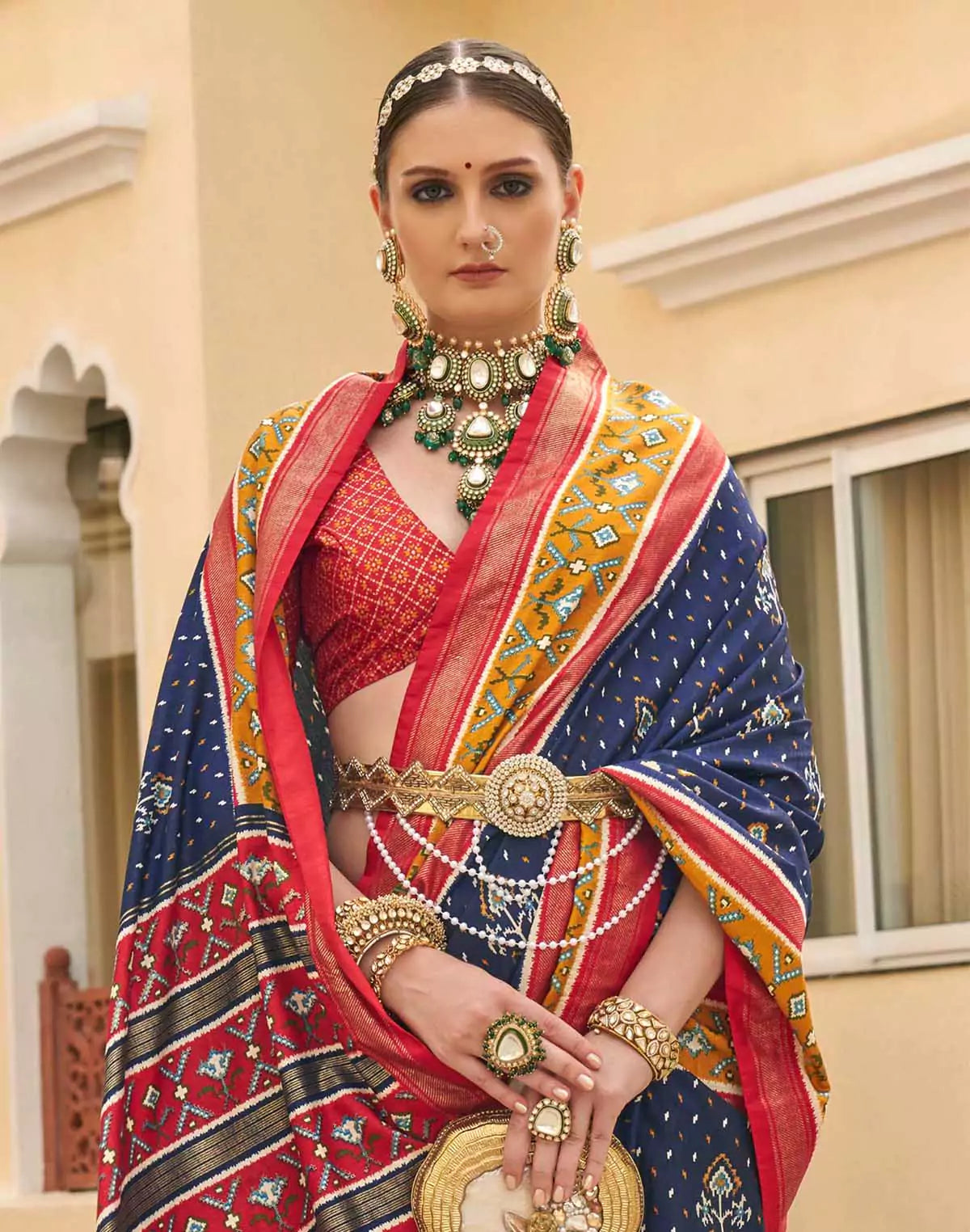 Image of Navy Blue Palkhi Patola Contrast Border Saree