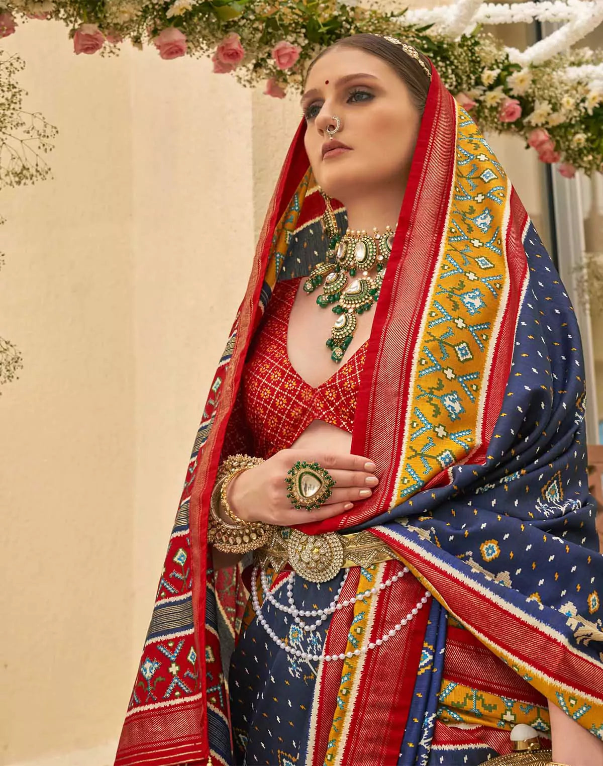 Image of Navy Blue Palkhi Patola Contrast Border Saree