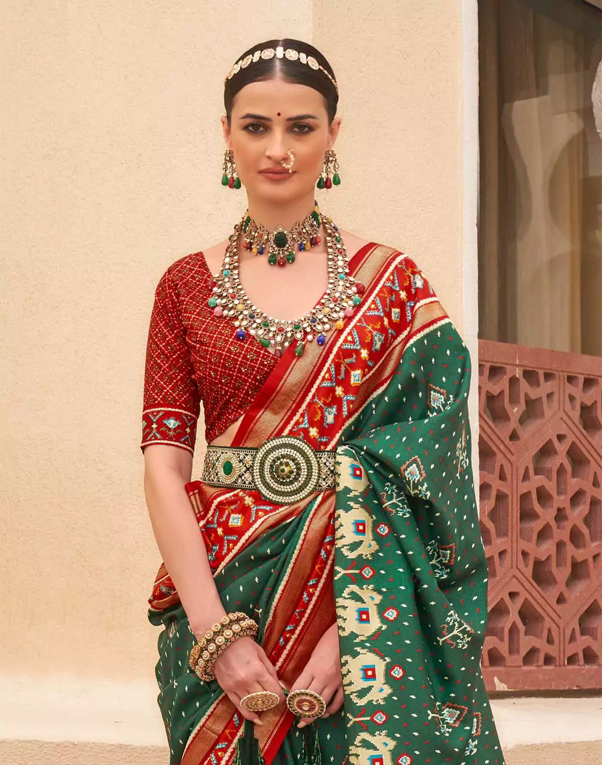 Image of Green Coloured Contrast Border Palkhi Patola Saree