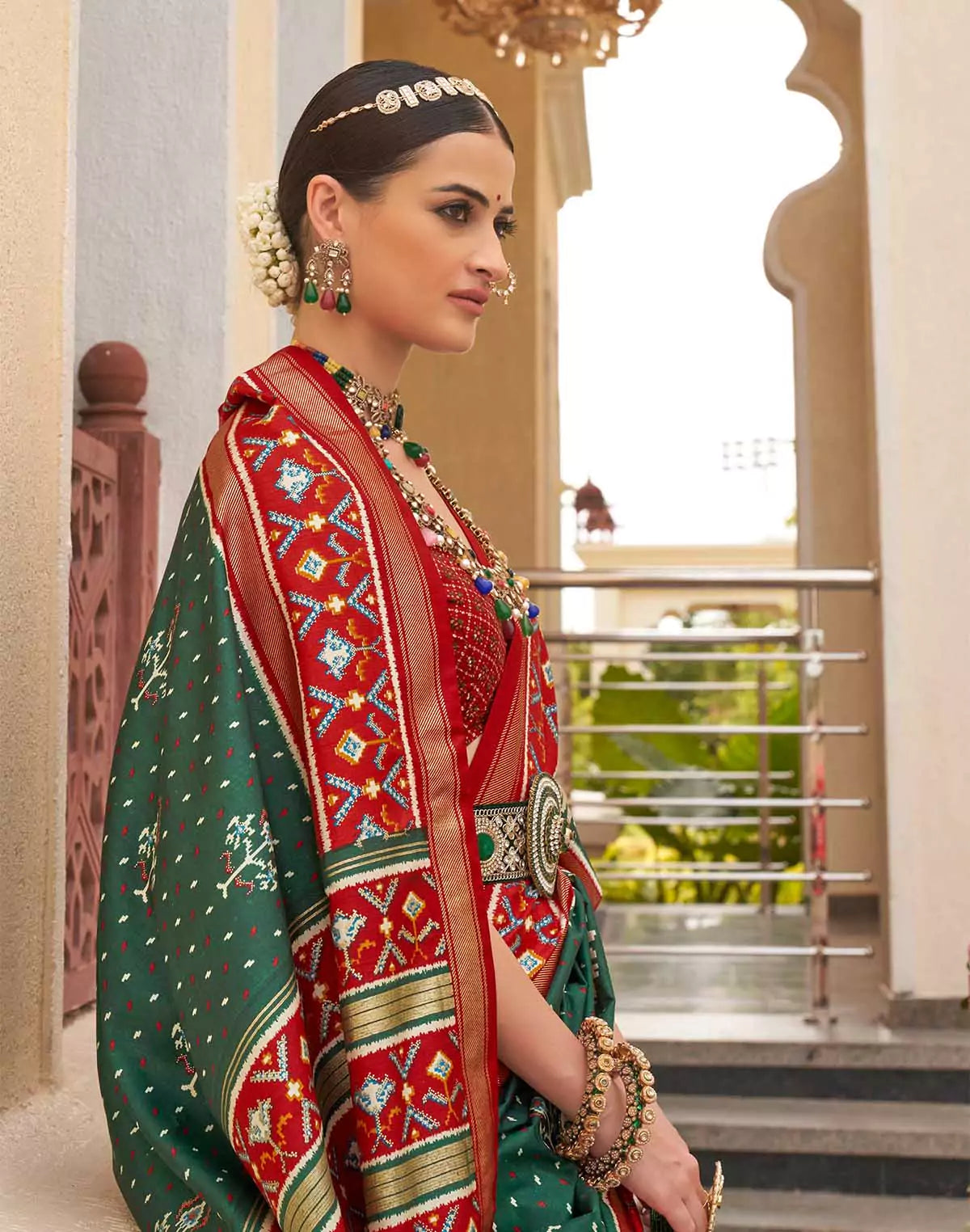 Image of Green Coloured Contrast Border Palkhi Patola Saree