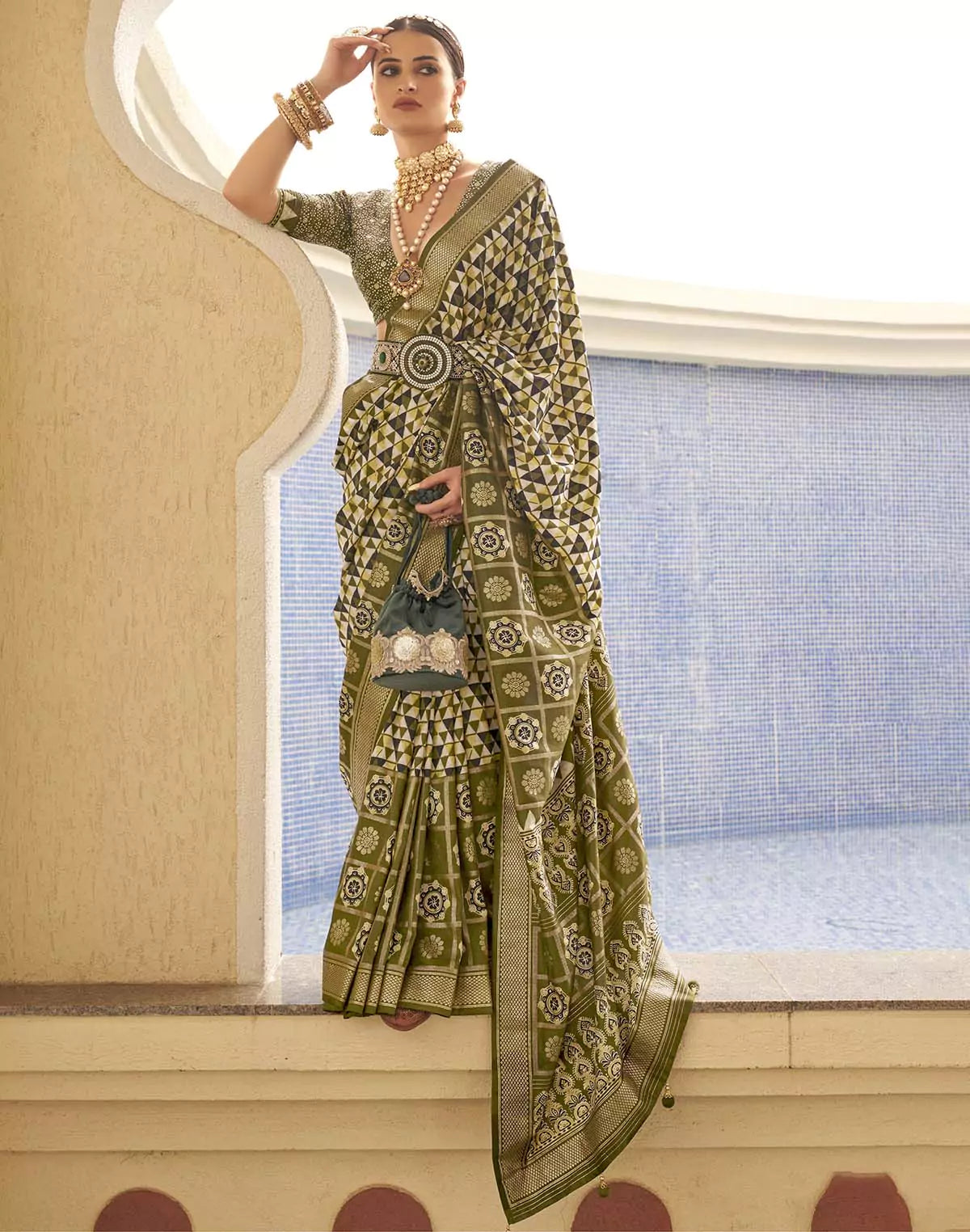 Image of Mehendi Green Geometric Print Soft Silk Saree