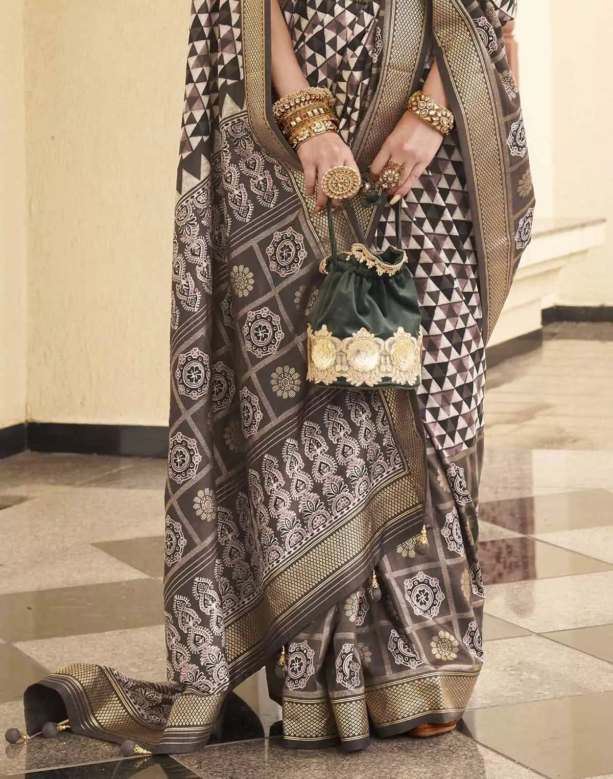 Image of Classic Dark Brown Geometric Print Soft Silk Saree