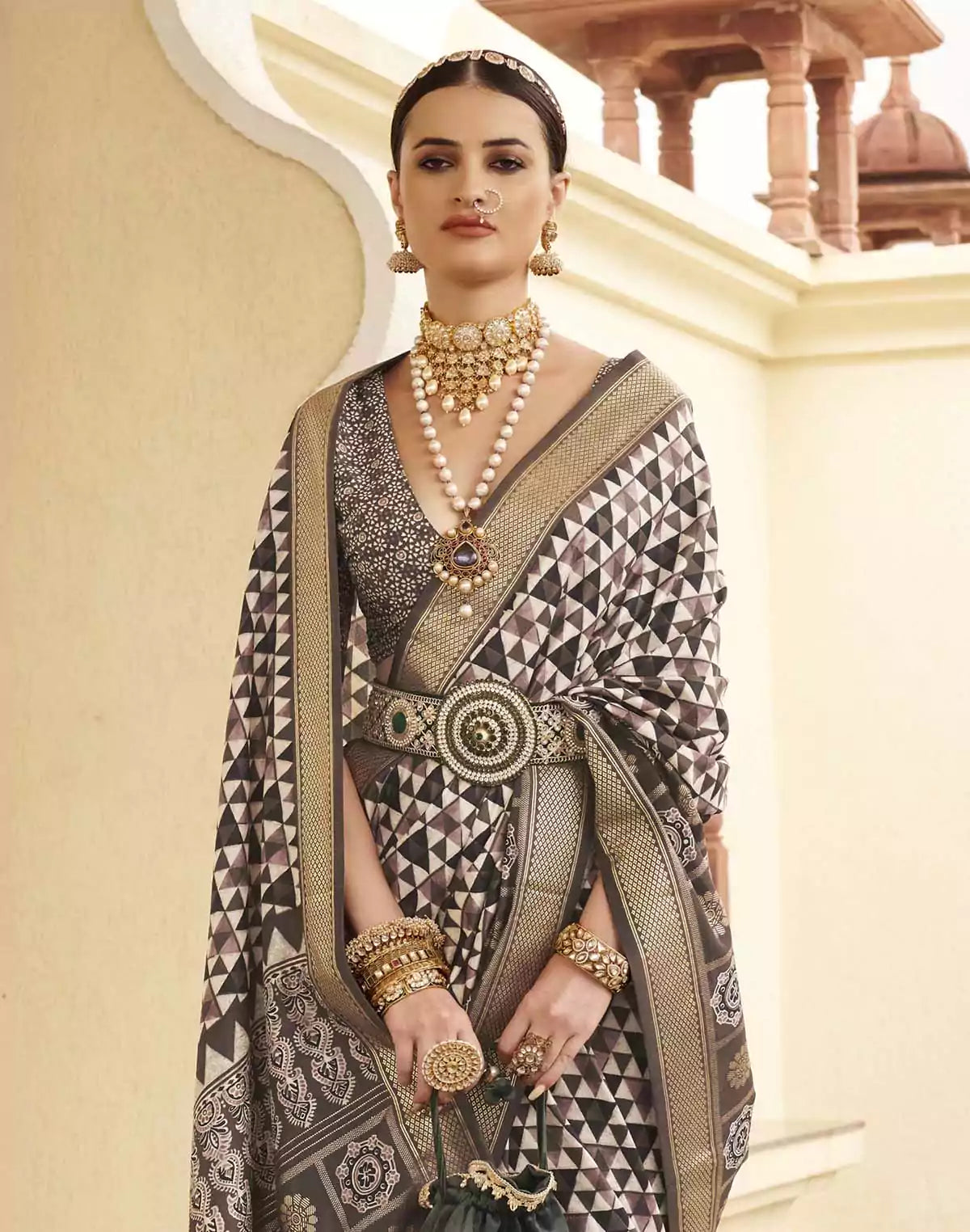 Image of Classic Dark Brown Geometric Print Soft Silk Saree