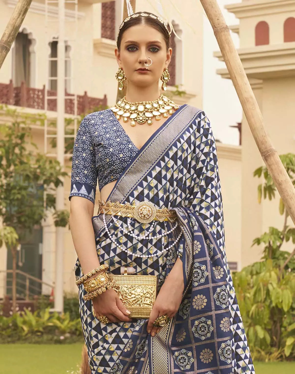 Image of Navy Blue digital print Soft Silk Saree