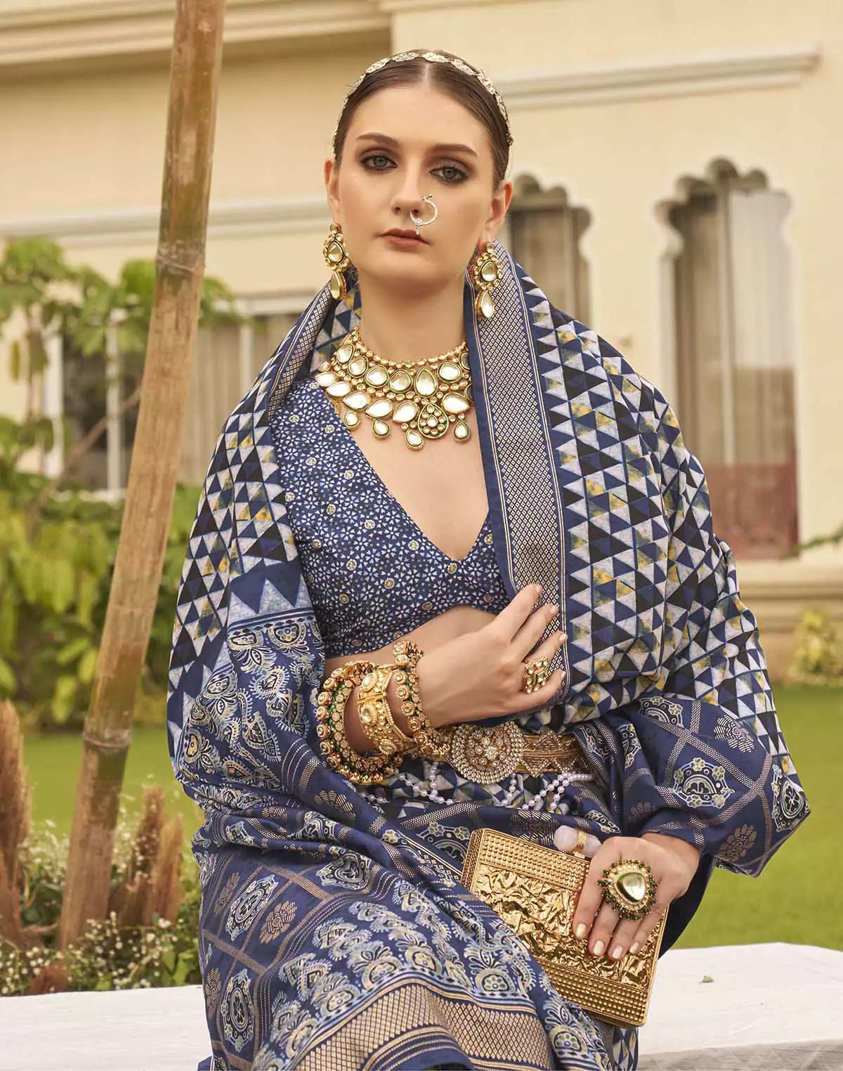 Image of Navy Blue digital print Soft Silk Saree