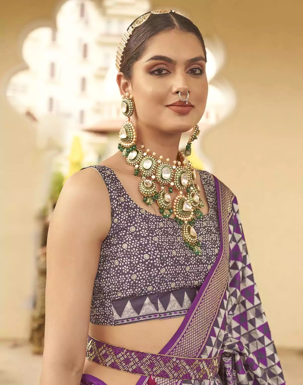 Image of Violet Geometric Print Classic Soft Silk Saree