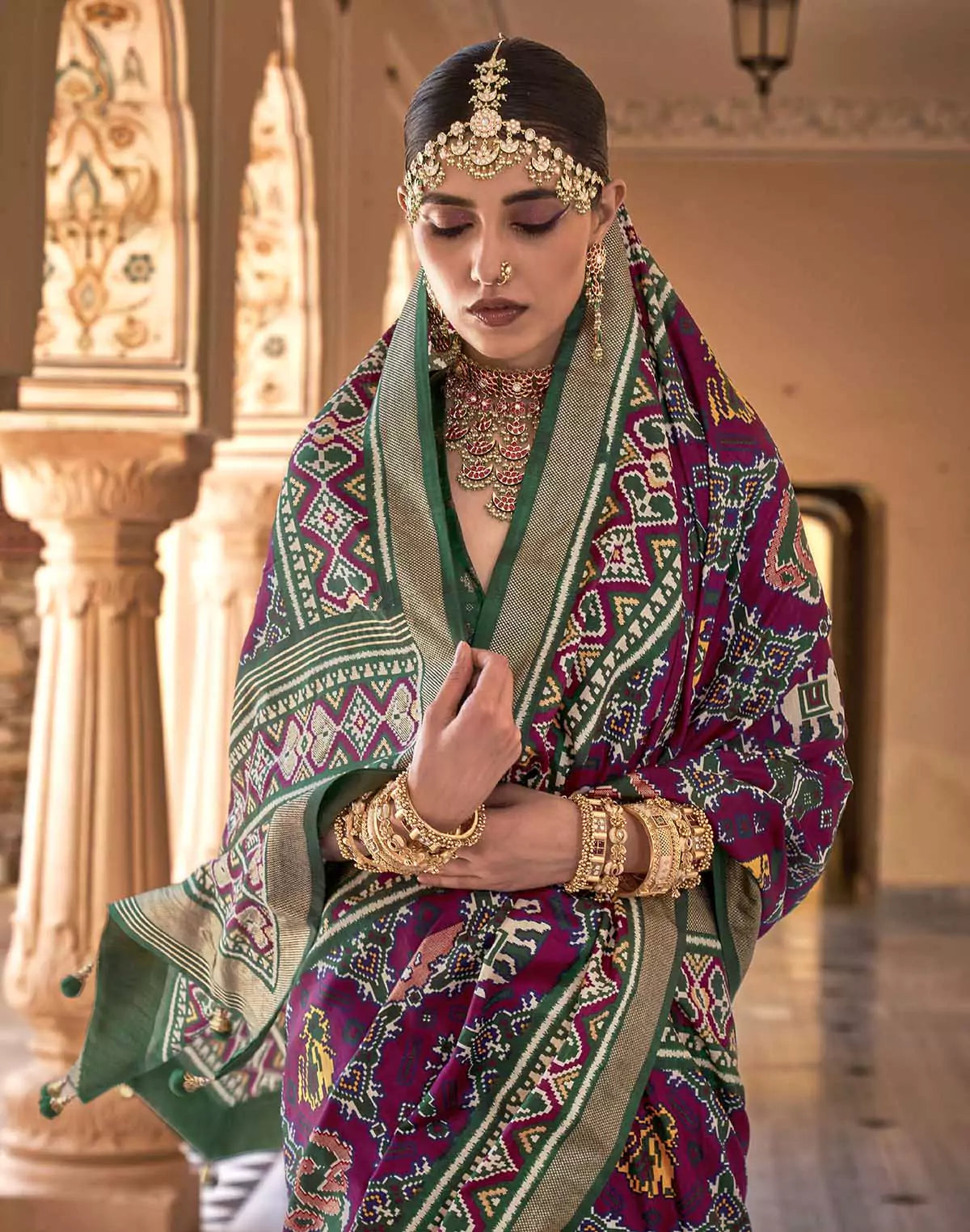 Image of Stylish Wine Ikat Patola Designer Silk Saree