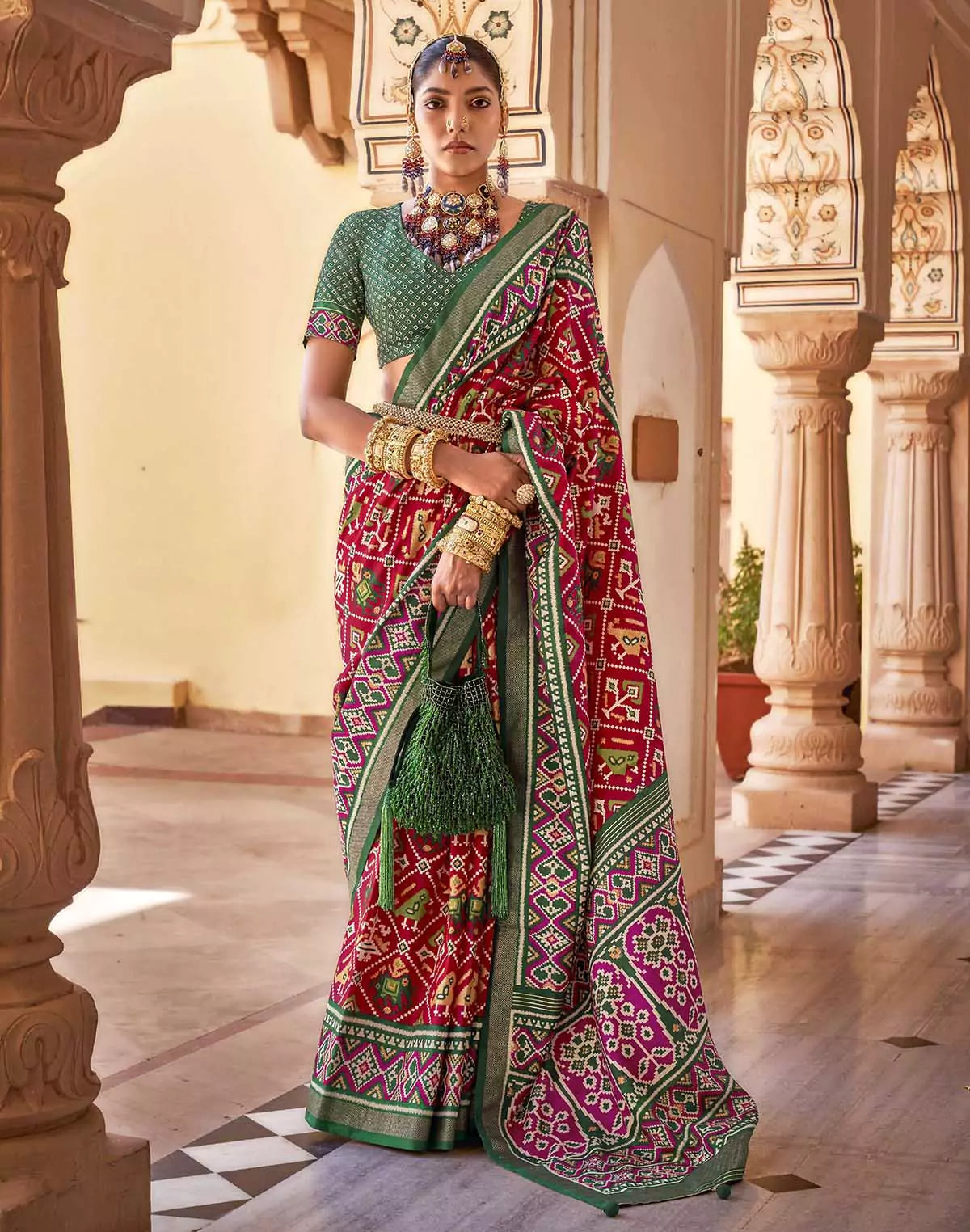 Image of Patola Silk Traditional Red Ikat Saree