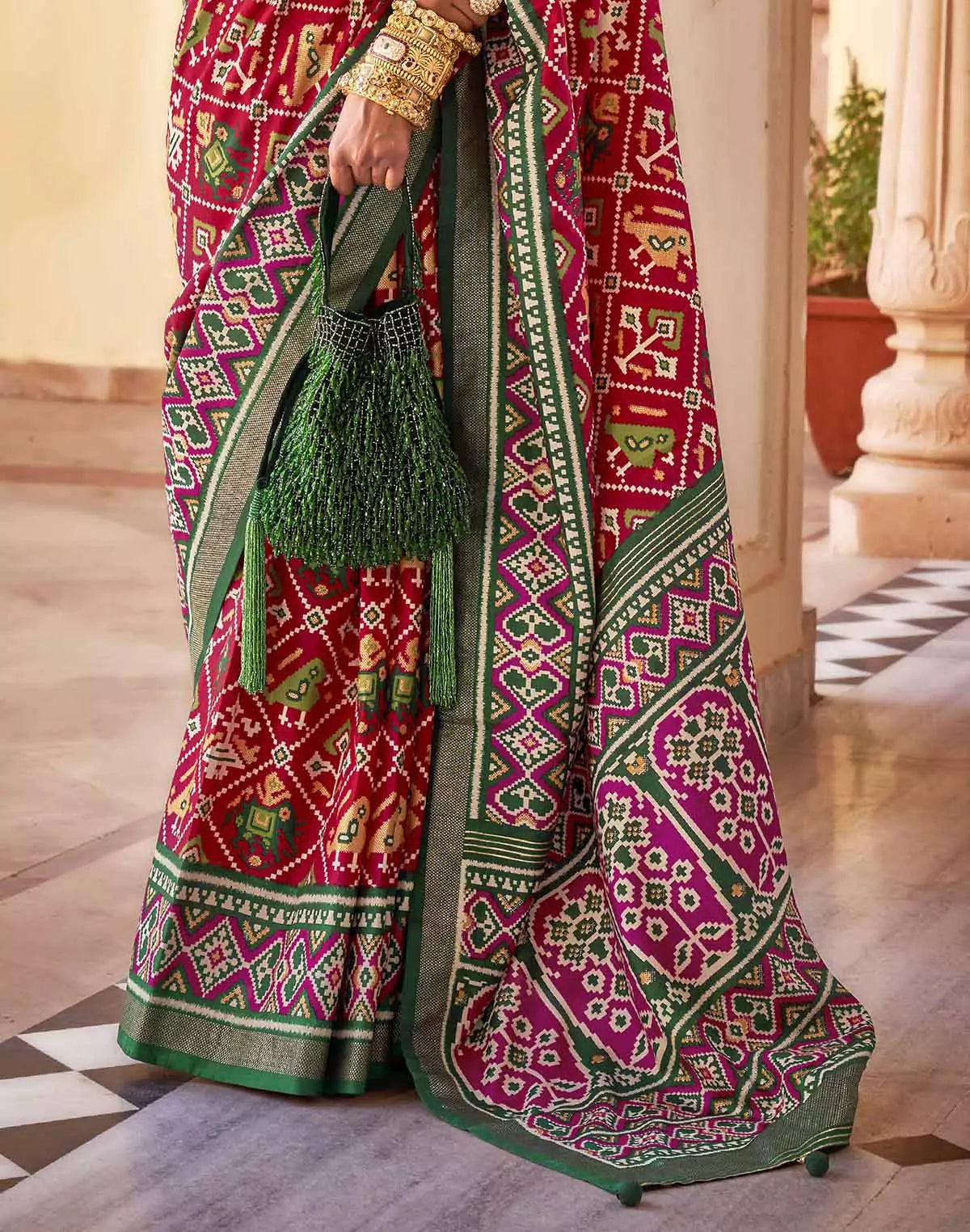 Image of Patola Silk Traditional Red Ikat Saree