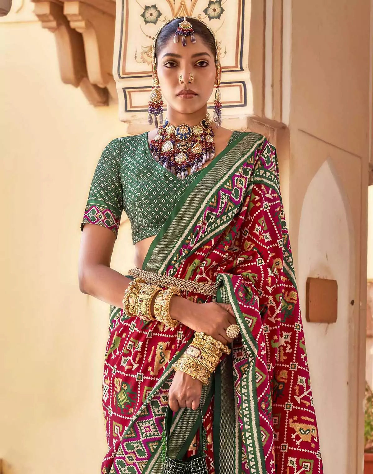 Image of Patola Silk Traditional Red Ikat Saree