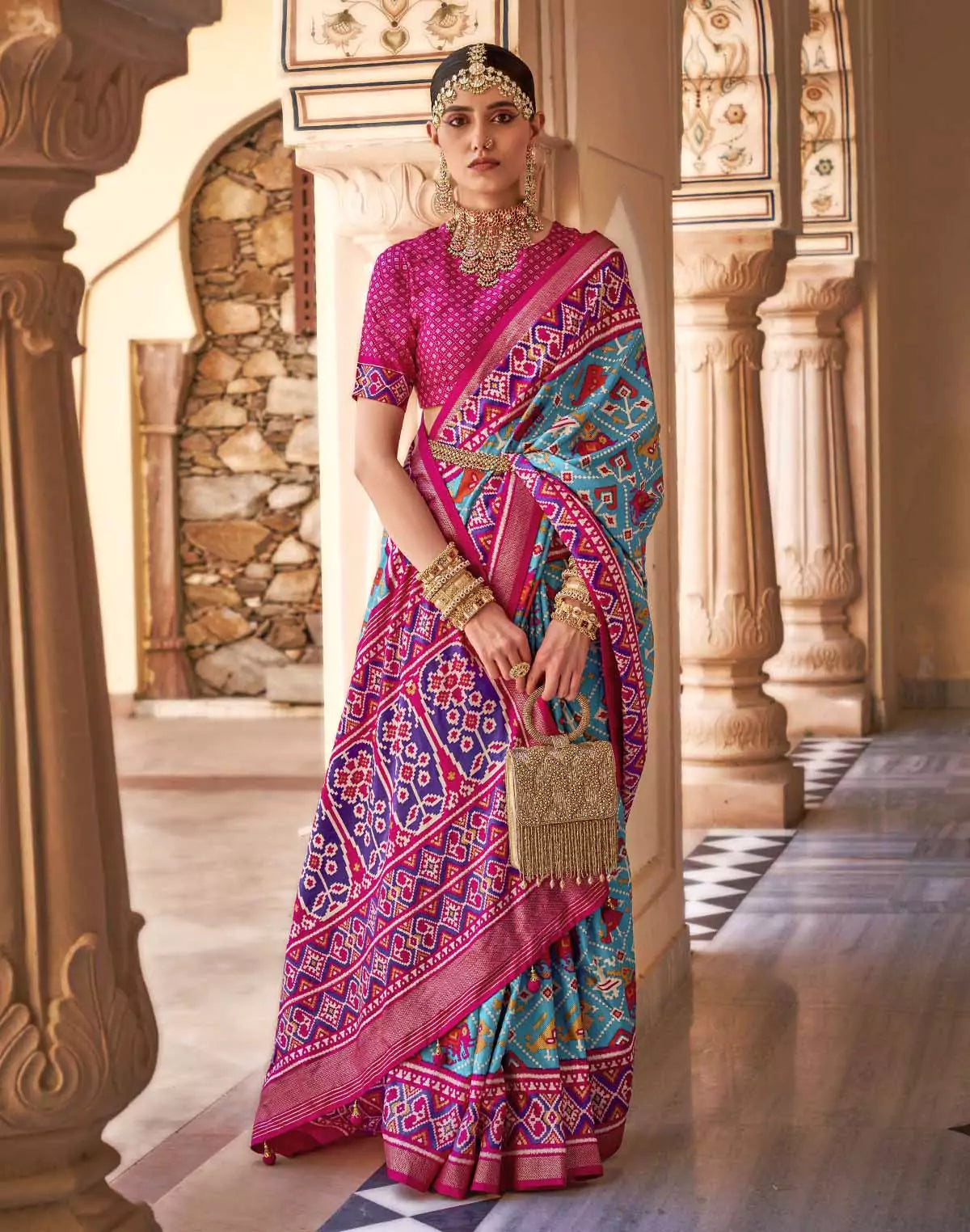 Image of Light Sky Blue Saree with Contrast Border