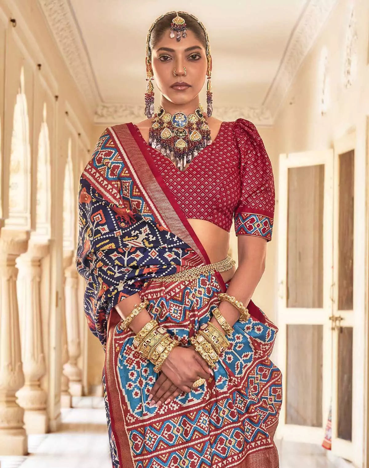 Image of Navy Blue Ikat Pattern Patola Silk Saree