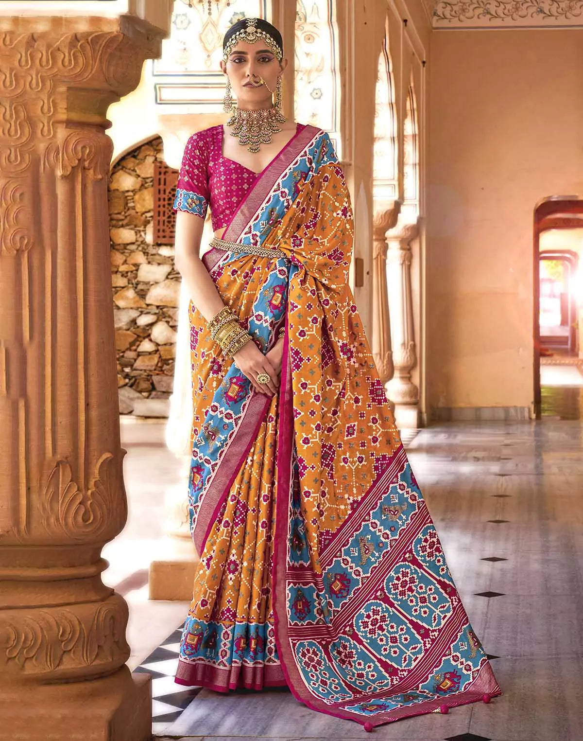 Image of Mustard and Pink Woven Patola Saree