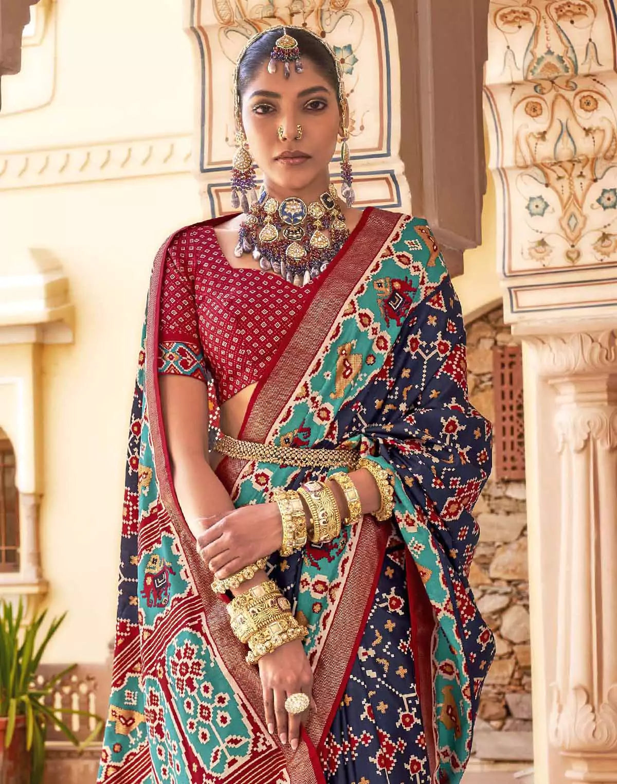 Image of Navy Blue Ikat smooth Patola Fabric Saree