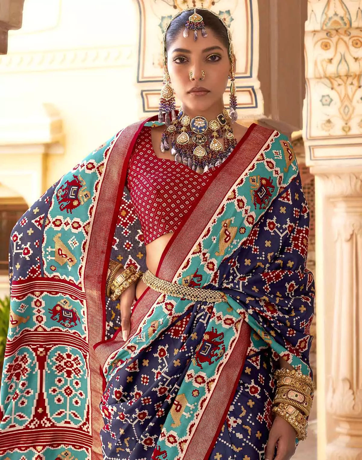Image of Navy Blue Ikat smooth Patola Fabric Saree