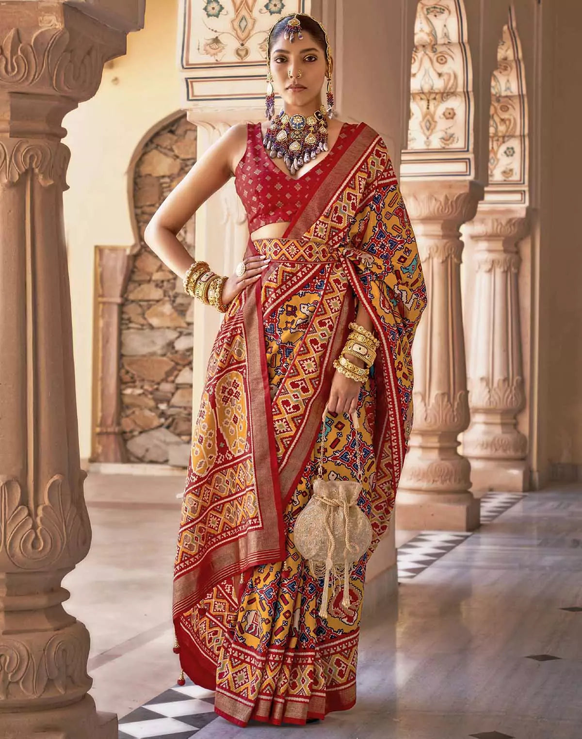 Image of Mustard Ikat smooth Patola Fancy Saree
