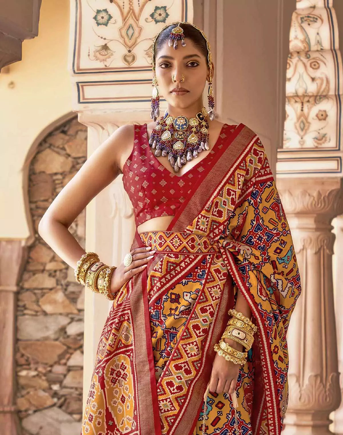 Image of Mustard Ikat smooth Patola Fancy Saree