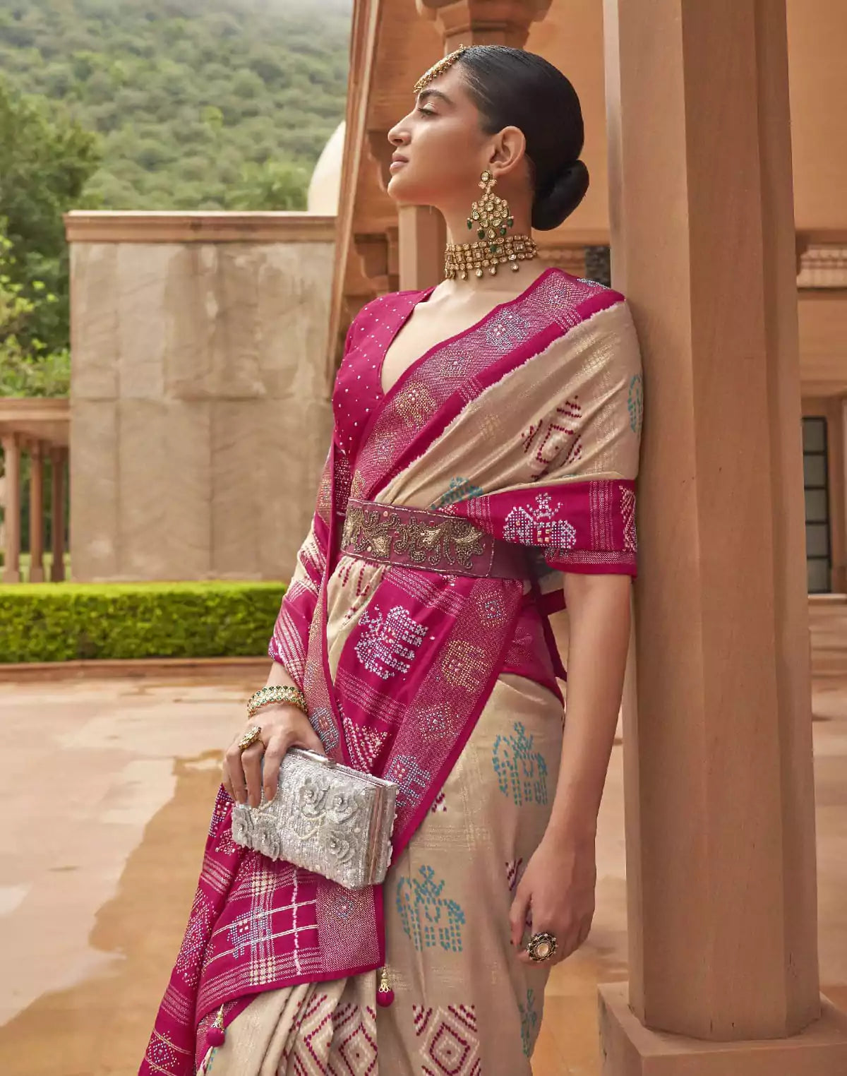 Image of Beige and Magenta Woven Patola Silk Saree