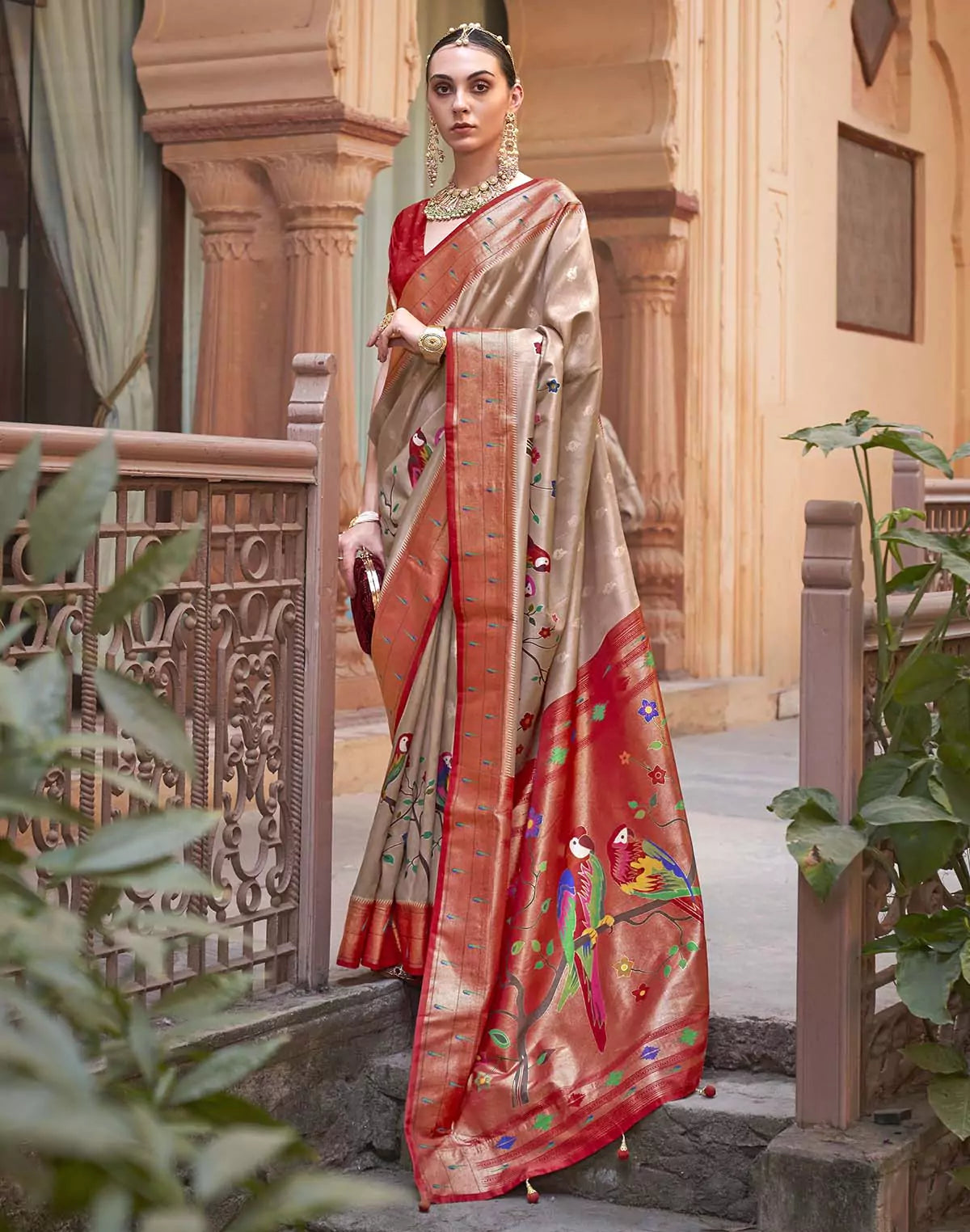 Image of Cream and Red Paithani Soft Banaras Saree