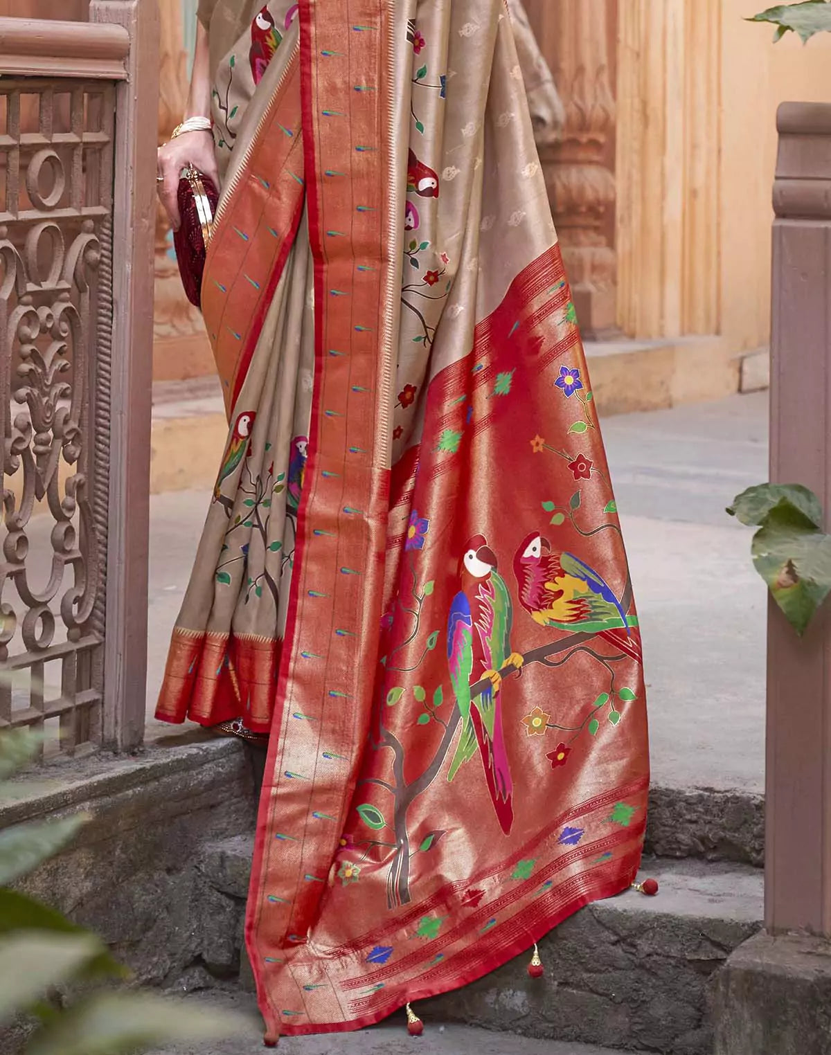 Image of Cream and Red Paithani Soft Banaras Saree