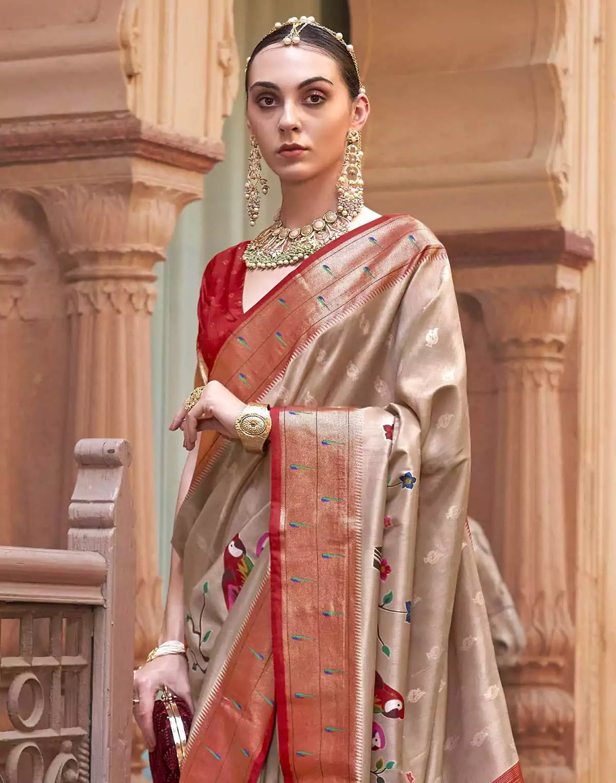 Image of Cream and Red Paithani Soft Banaras Saree