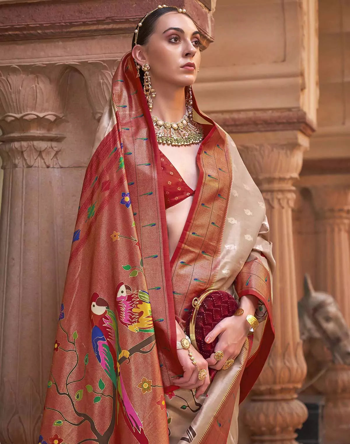 Image of Cream and Red Paithani Soft Banaras Saree