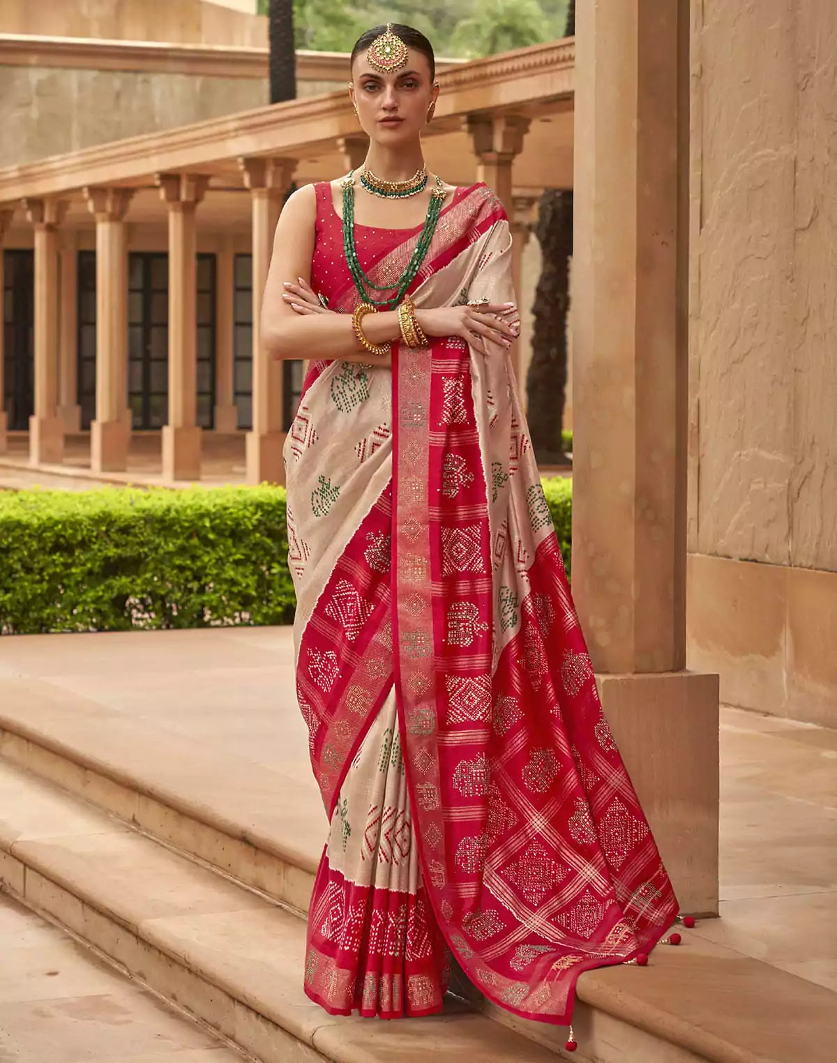 Image of Cream Coloured Patola Silk Mirror work Saree