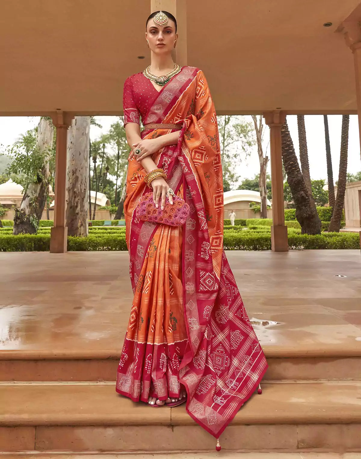 Image of Orange Patola Silk Contrast Border Saree