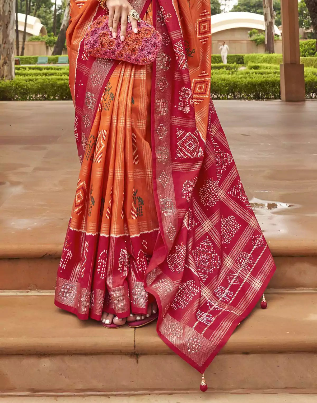 Image of Orange Patola Silk Contrast Border Saree