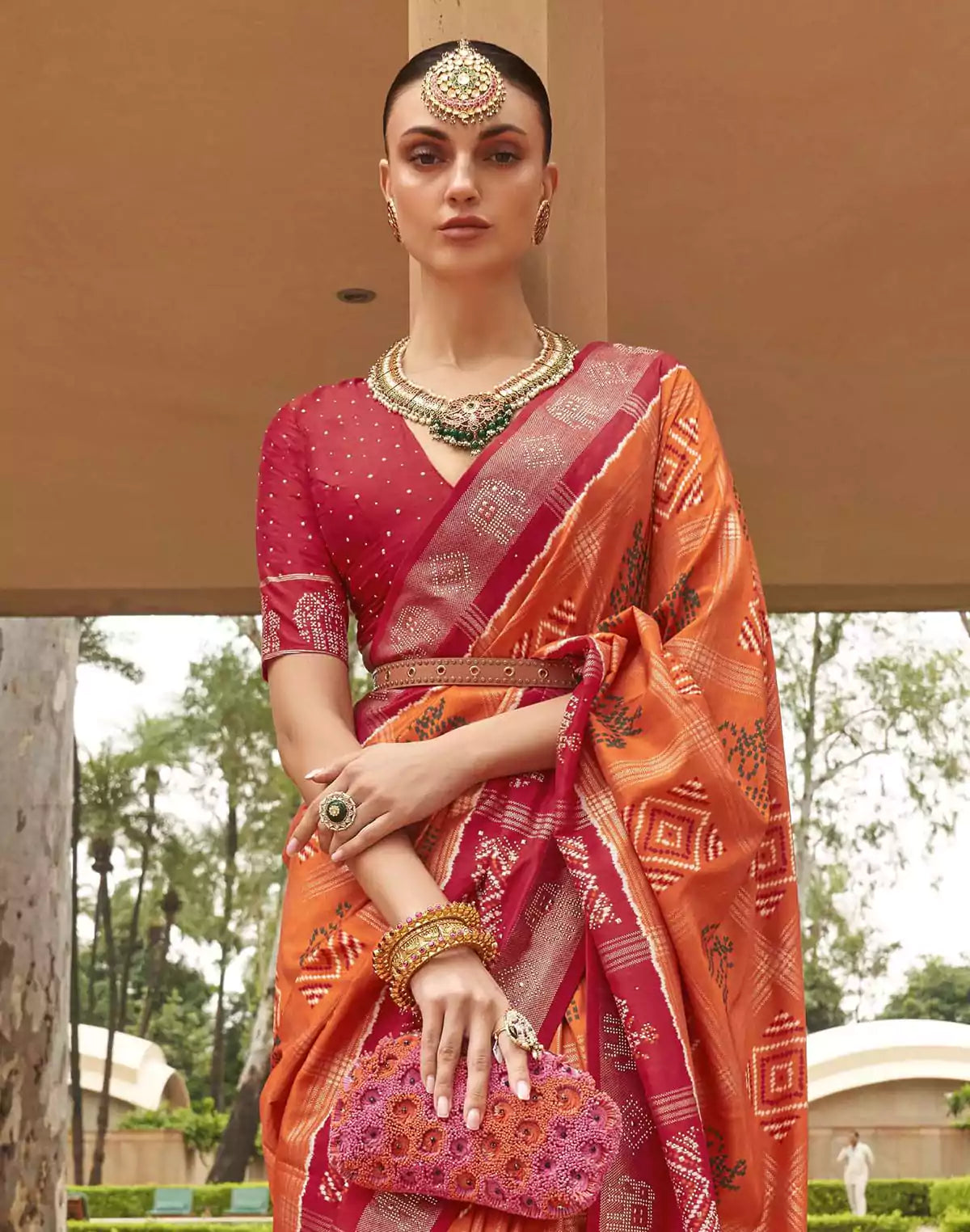 Image of Orange Patola Silk Contrast Border Saree