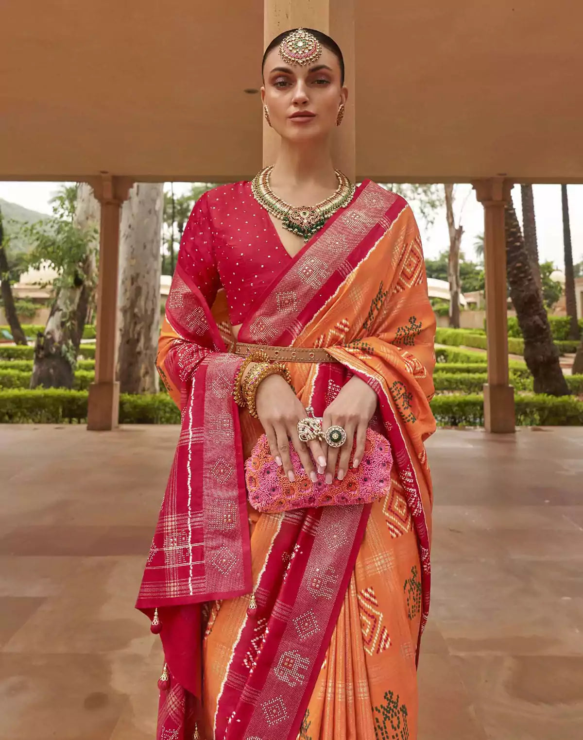 Image of Orange Patola Silk Contrast Border Saree