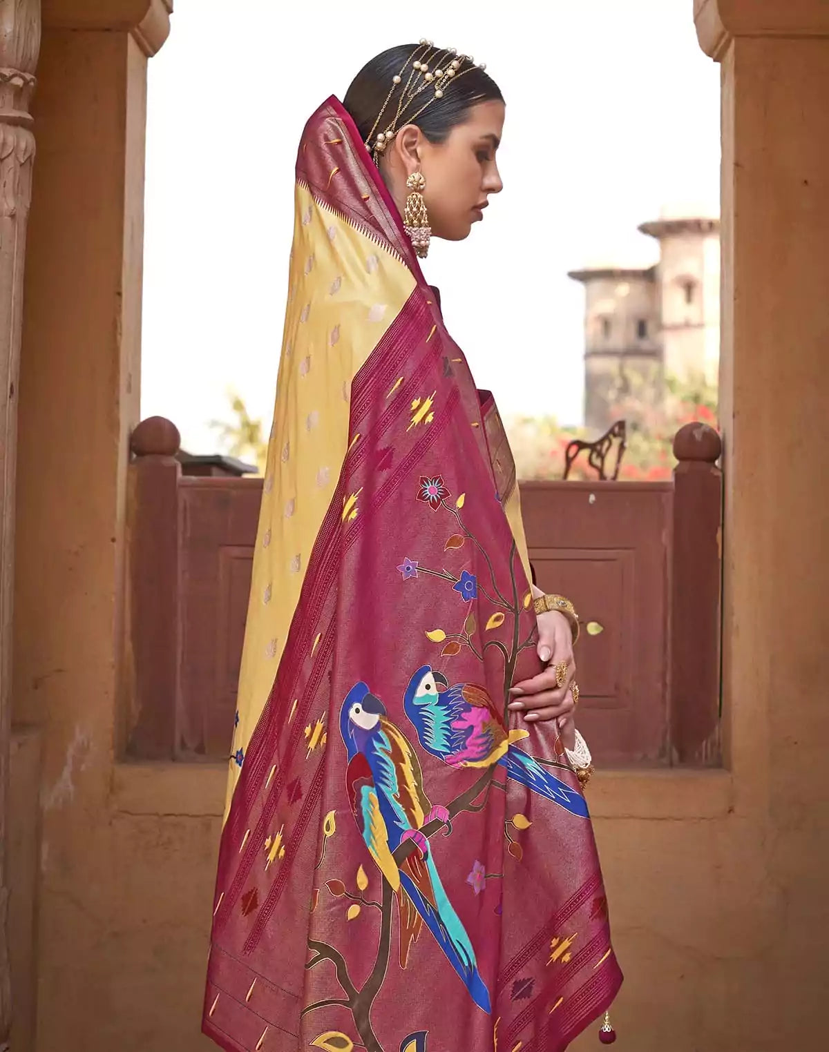 Image of Light Yellow Paithani Banars Soft Saree