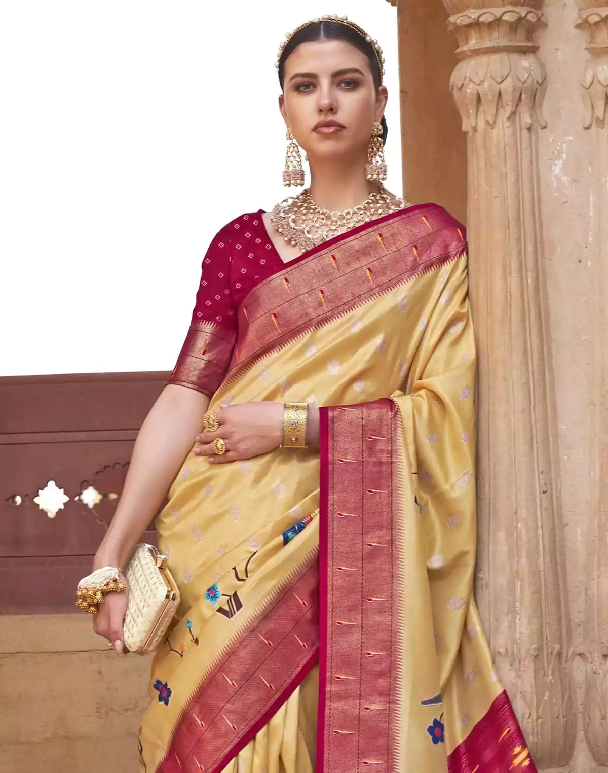Image of Light Yellow Paithani Banars Soft Saree