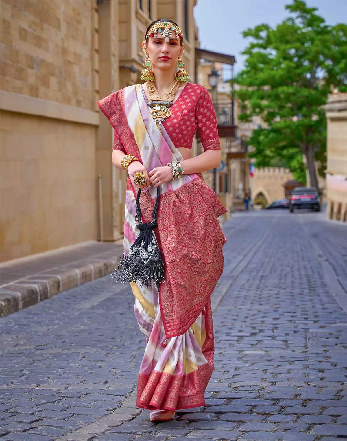 Image of Carmine Red Soft Banaras Georgette Saree