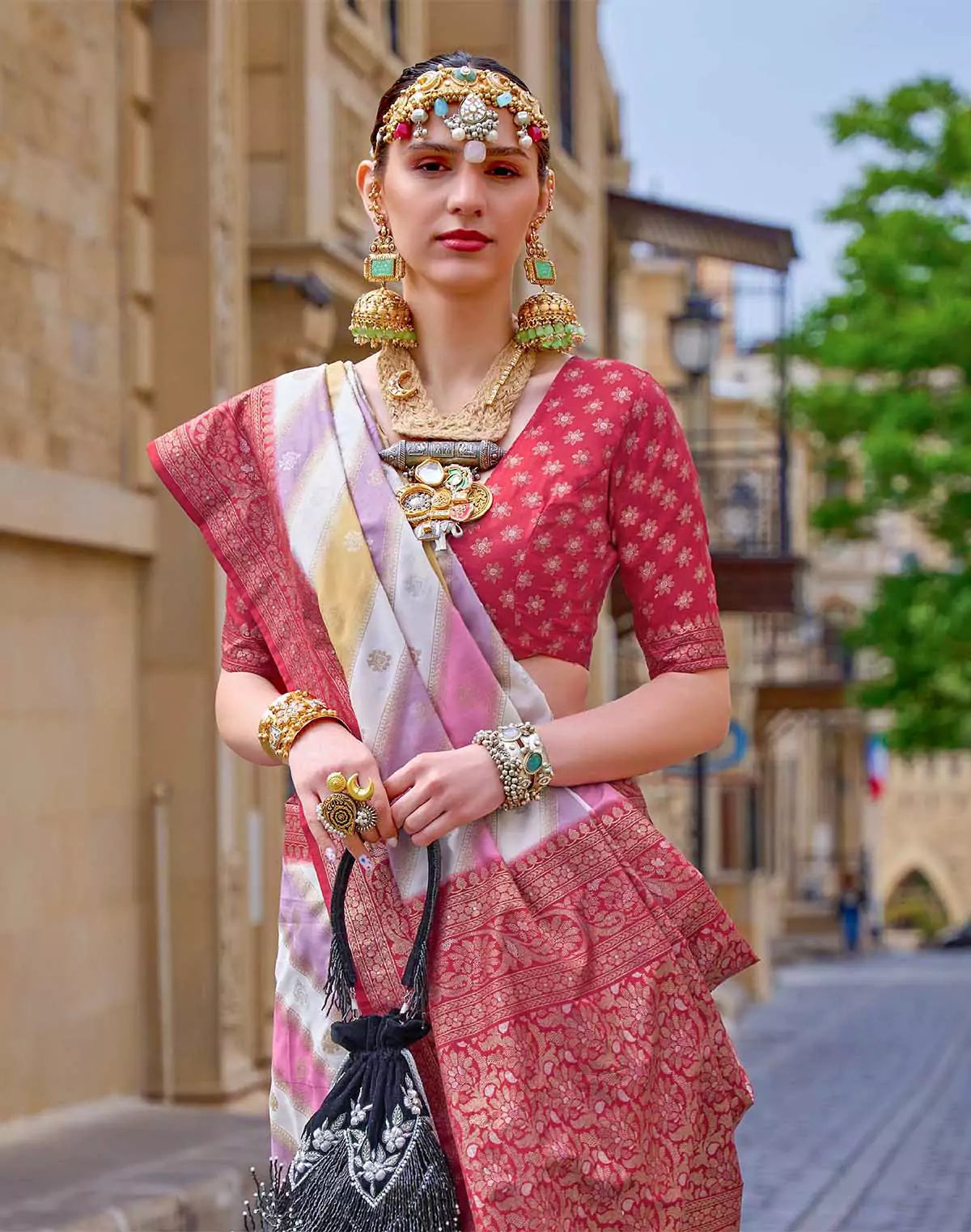 Image of Carmine Red Soft Banaras Georgette Saree