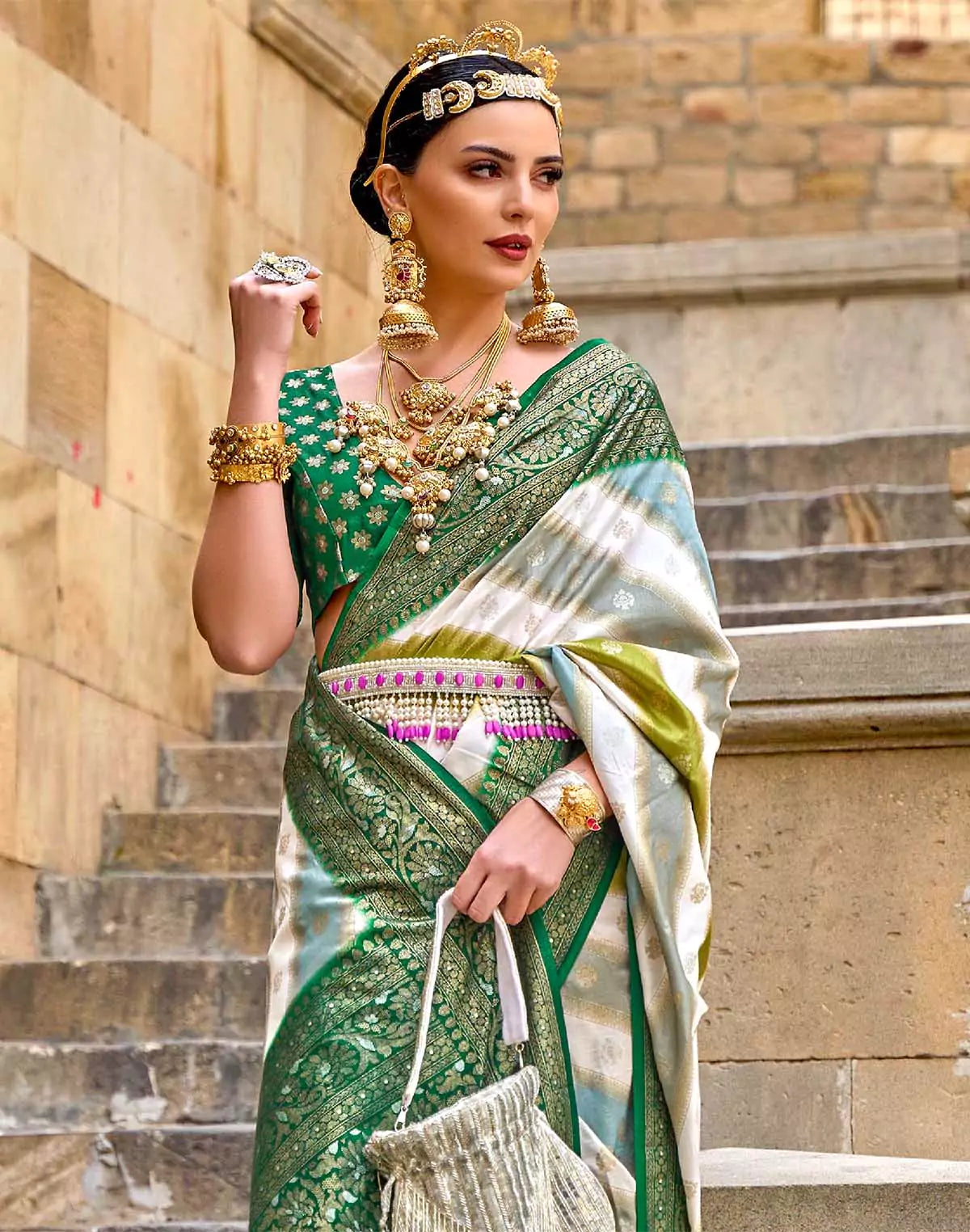 Image of Light Green Banaras Georgette Party Wear Saree
