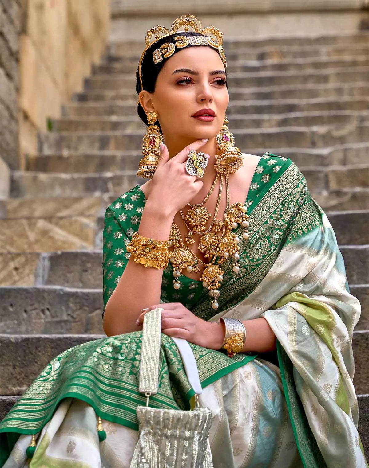 Image of Light Green Banaras Georgette Party Wear Saree