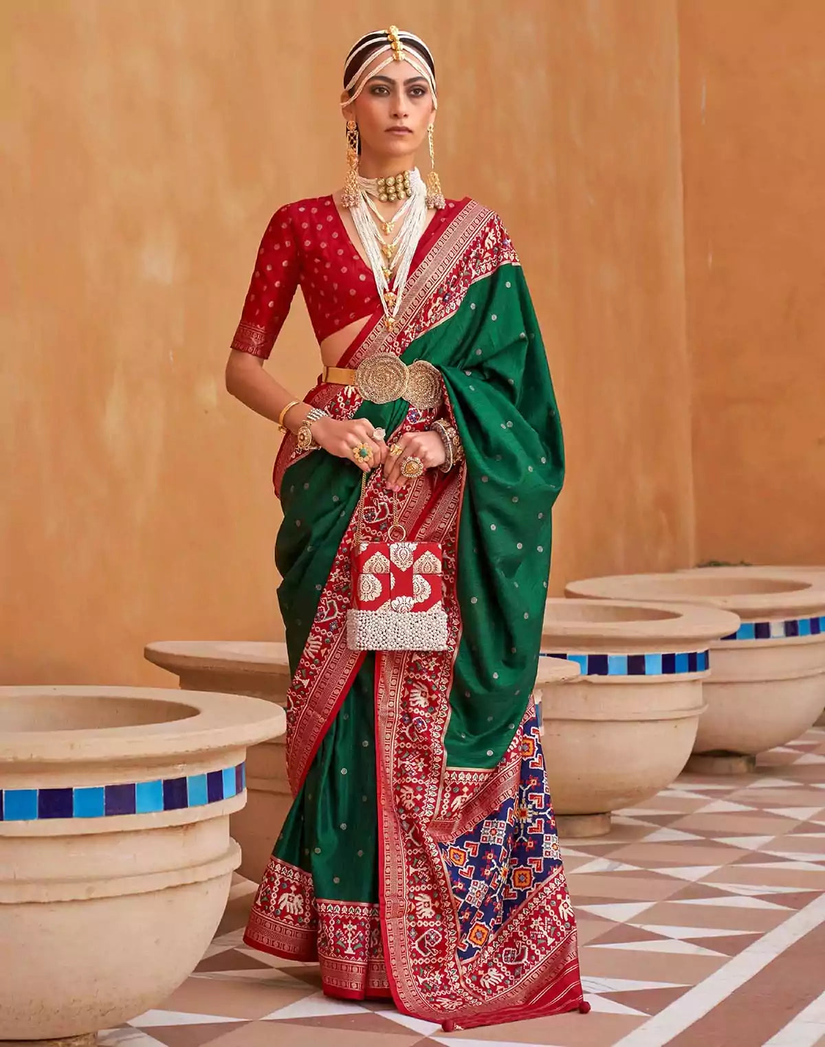 Image of Elora Green and Red Patola Silk Saree