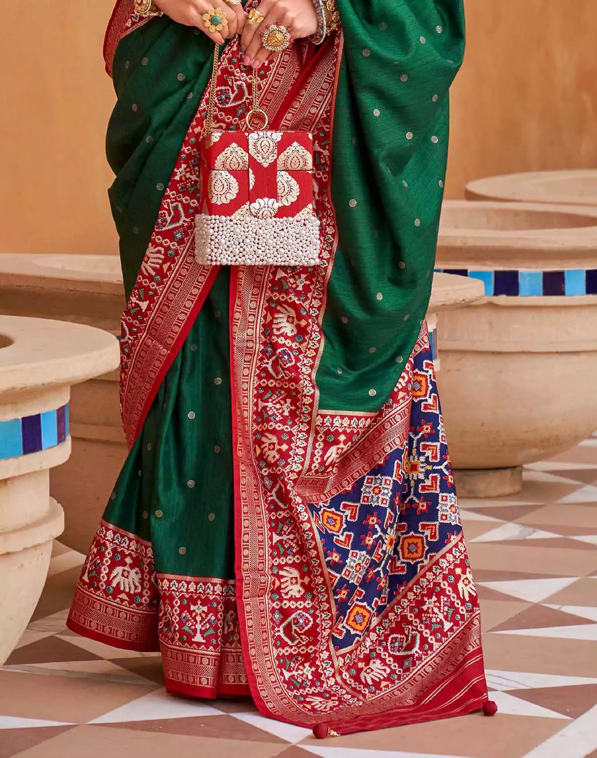 Image of Elora Green and Red Patola Silk Saree