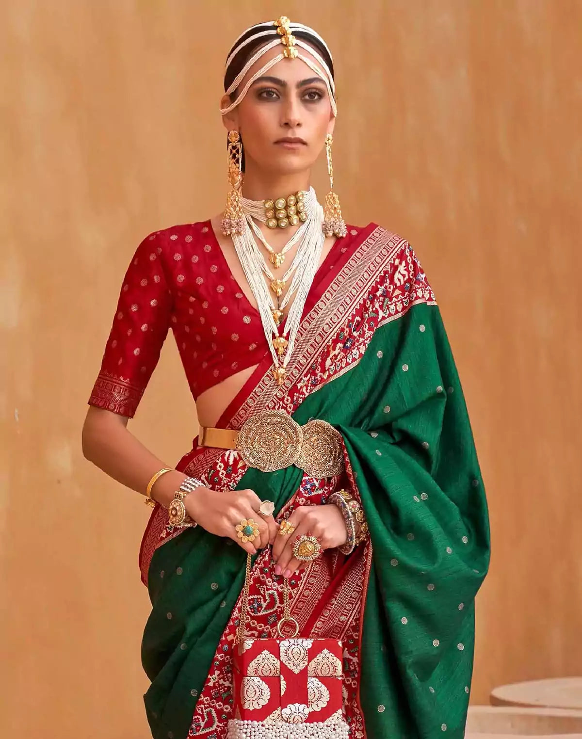 Image of Elora Green and Red Patola Silk Saree