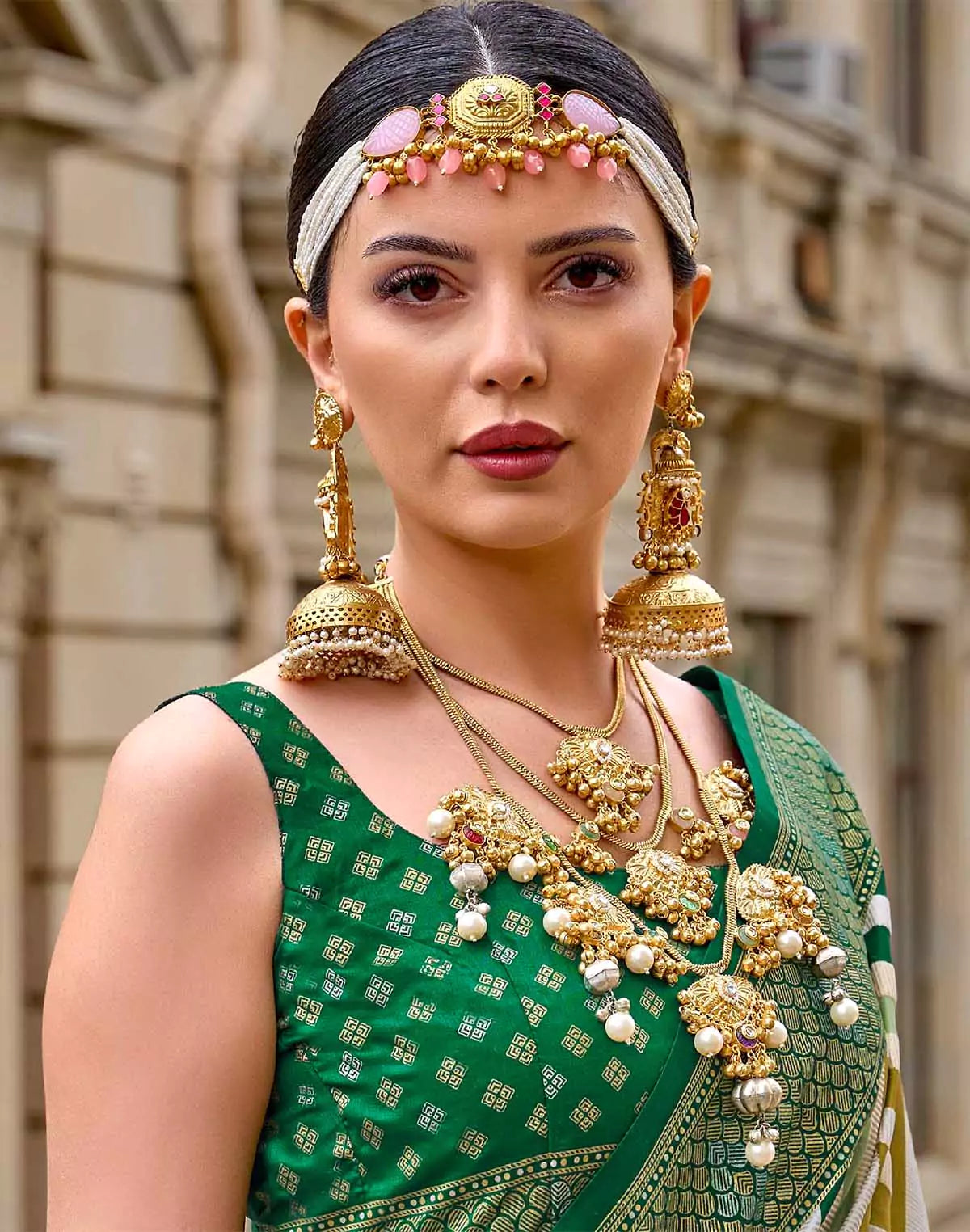 Image of Green Chevron Pattern Soft Patola Silk Saree