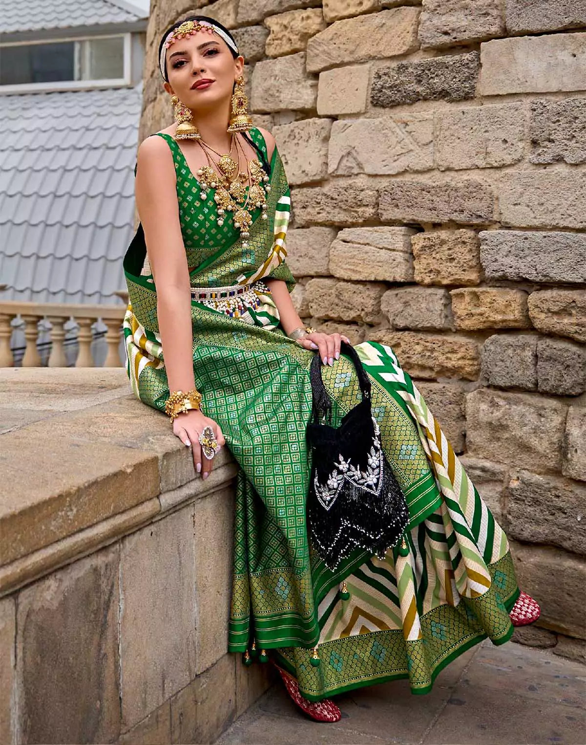 Image of Green Chevron Pattern Soft Patola Silk Saree