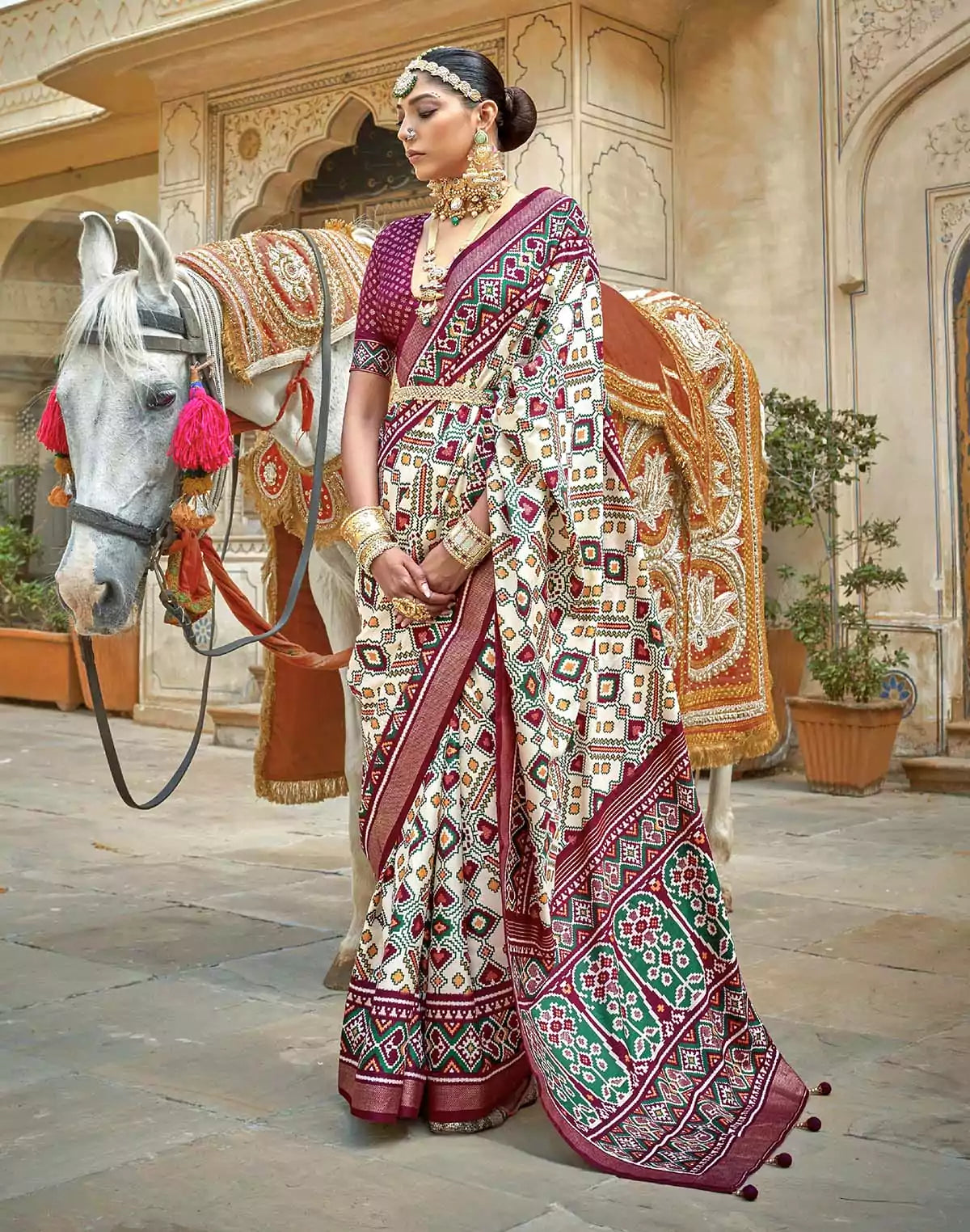 Image of Cream all over Ikat Pattern Trendy Patola Silk Saree