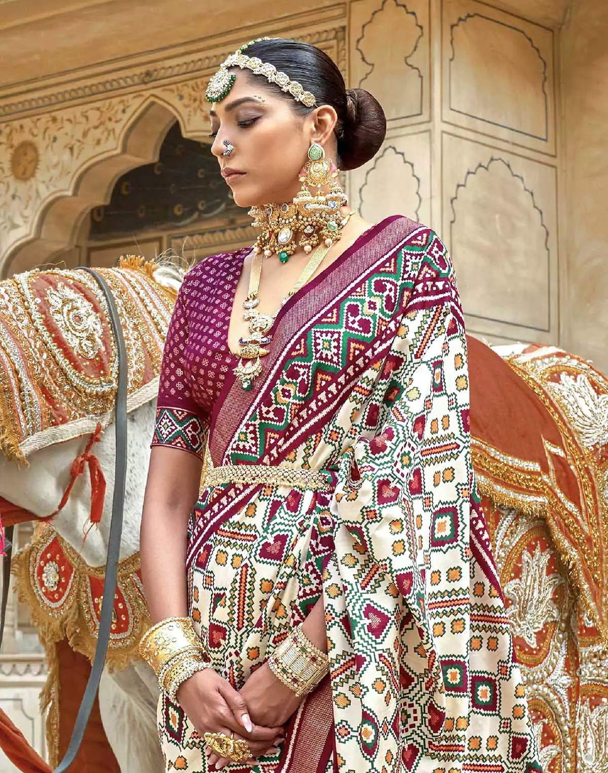 Image of Cream all over Ikat Pattern Trendy Patola Silk Saree