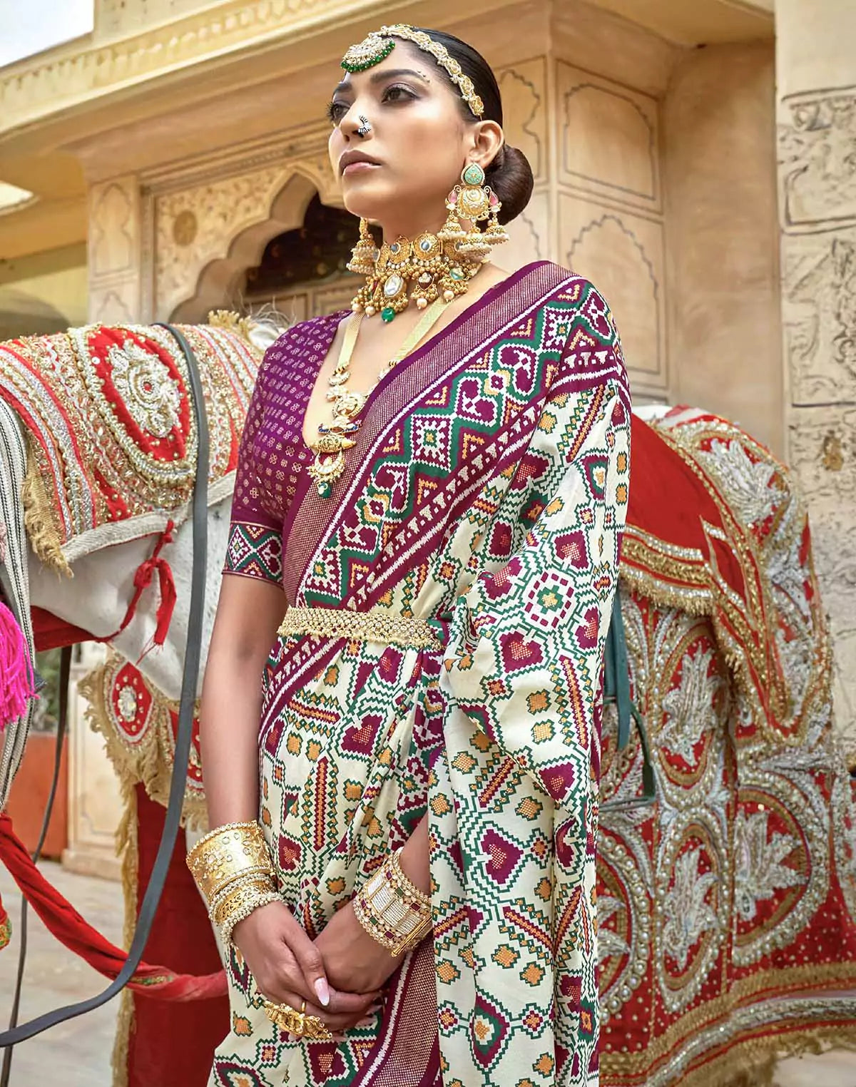 Image of Cream all over Ikat Pattern Trendy Patola Silk Saree